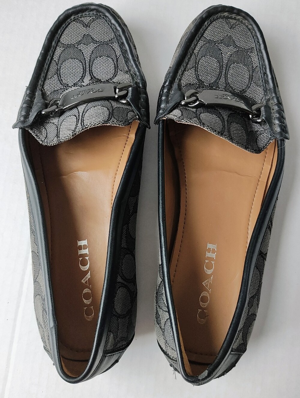 COACH Olive Signature Jacquard Black Grey Loafers With COACH Metal Accent Sz 8